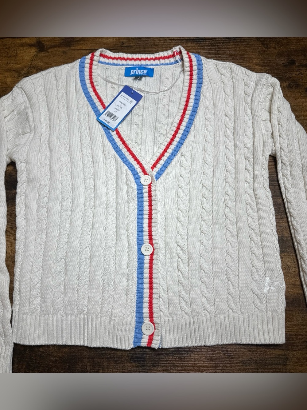 Prince Pickleball White Cable-Knit Cardigan with Red & Blue Trim